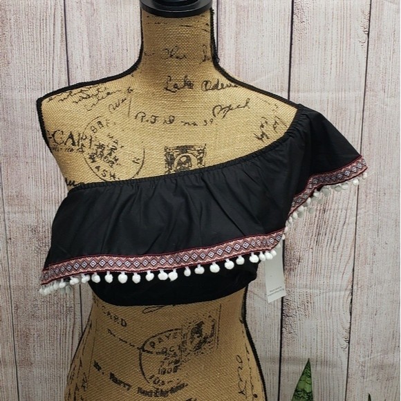 Tobi Tops Black Judy One Shoulder Crop Top Tribal Print Summer - Picture 2 of 7